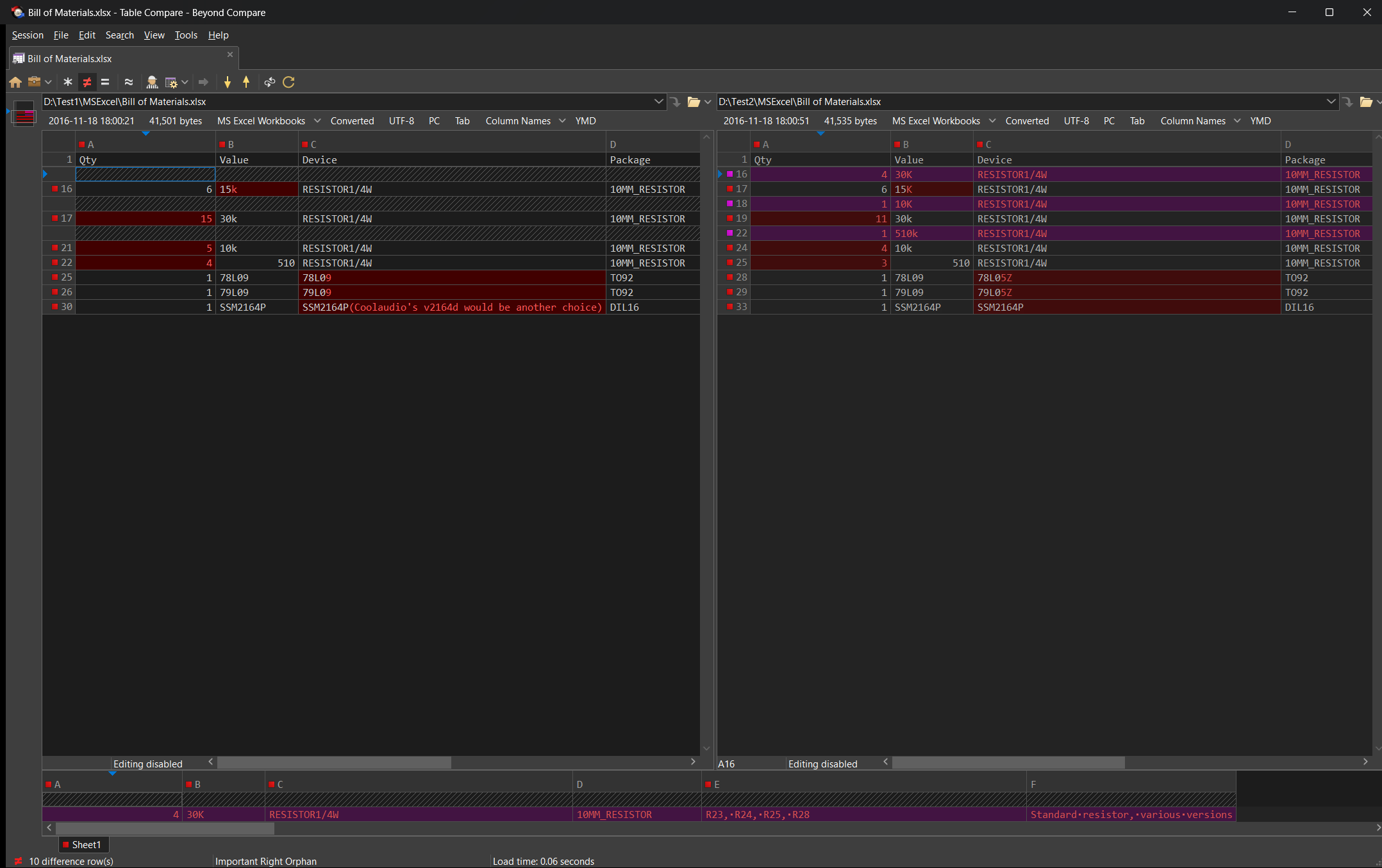 Table Compare - Dark Theme