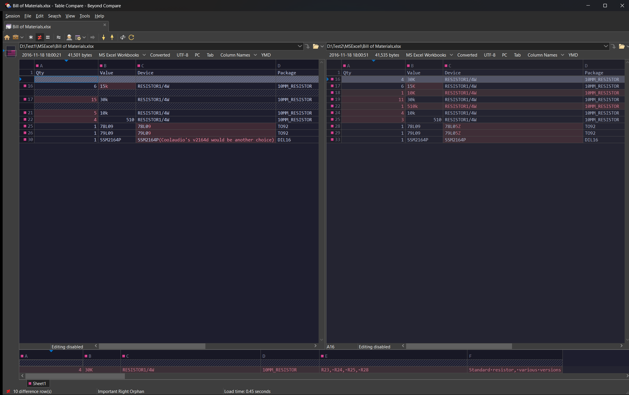Table Compare - Dark Theme