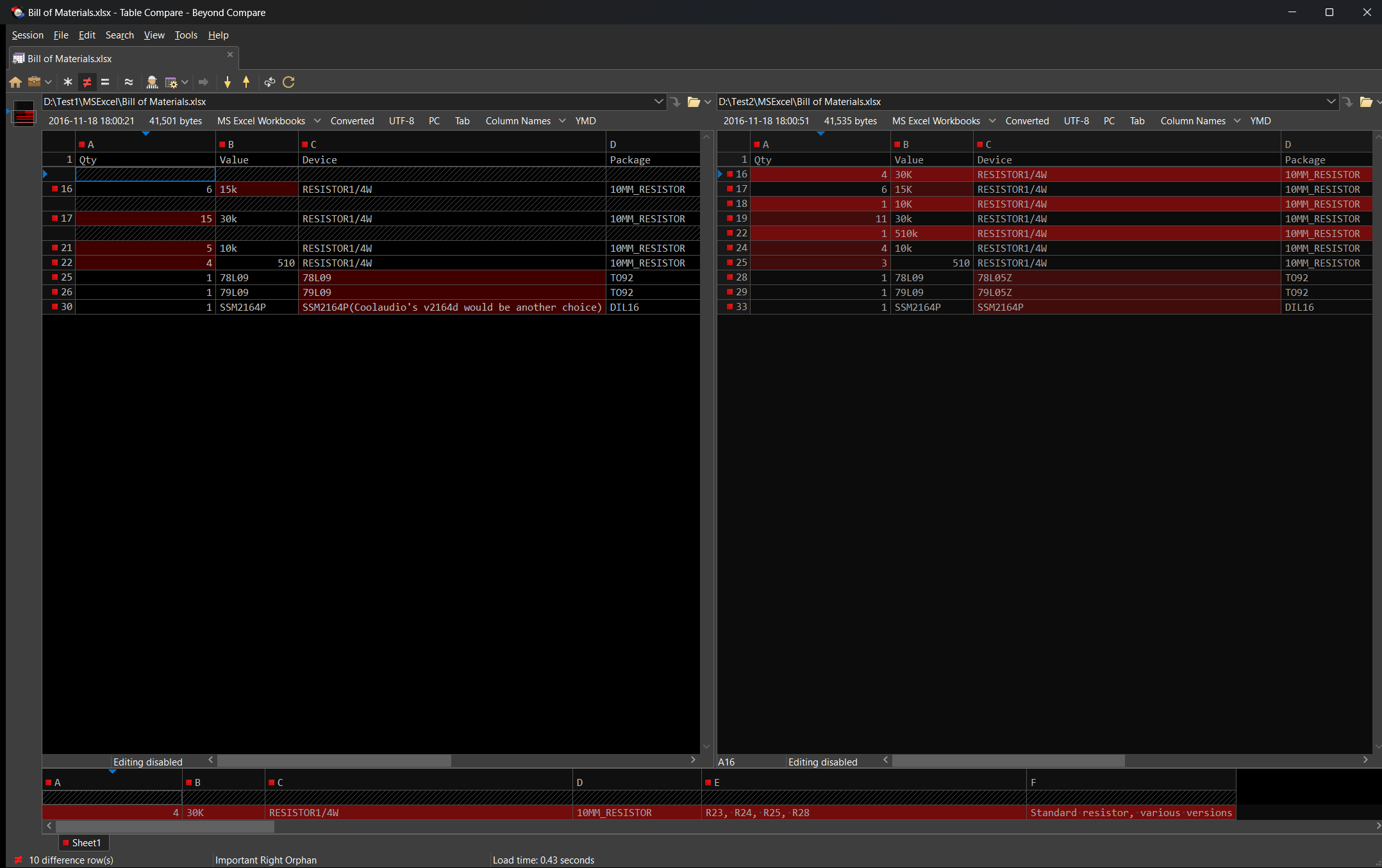 Table Compare - Dark Theme