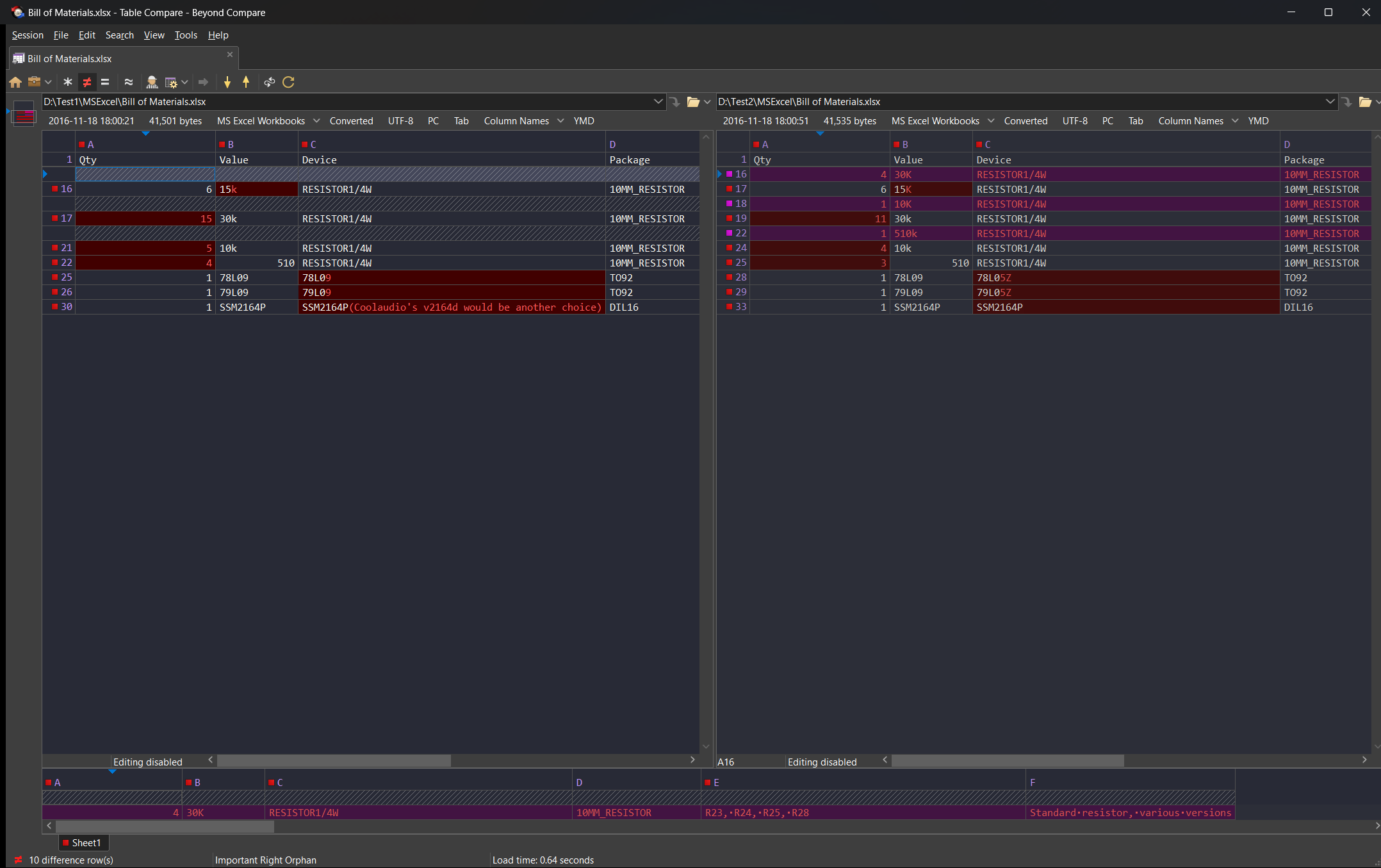 Table Compare - Dark Theme