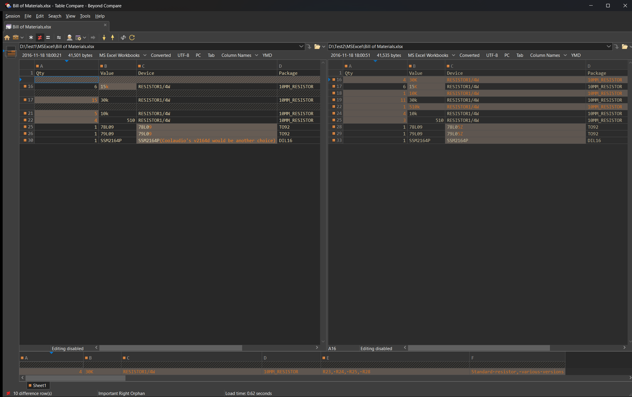 Table Compare - Dark Theme