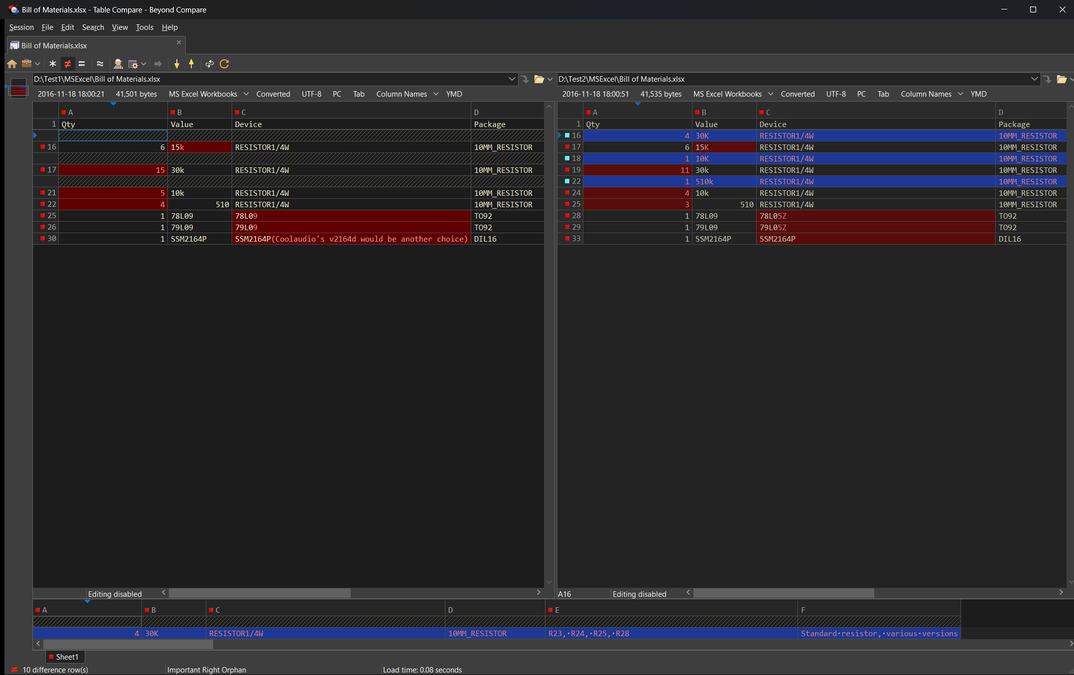 Table Compare - Dark Theme