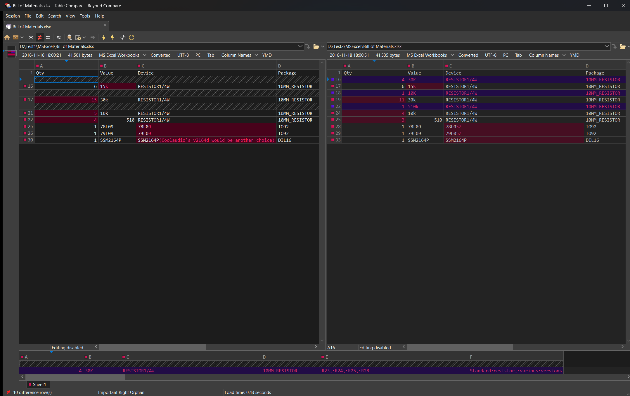 Table Compare - Dark Theme