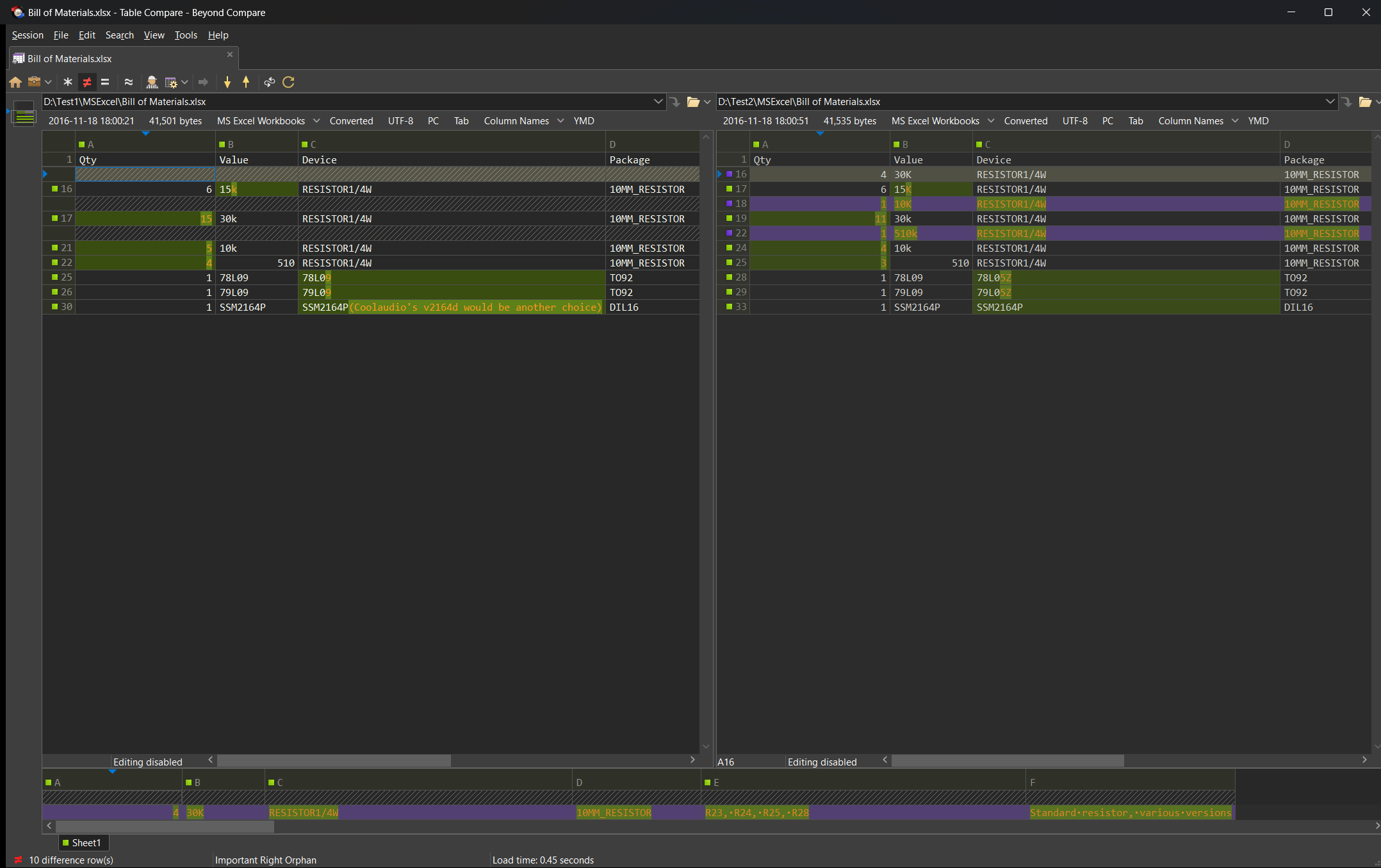 Table Compare - Dark Theme