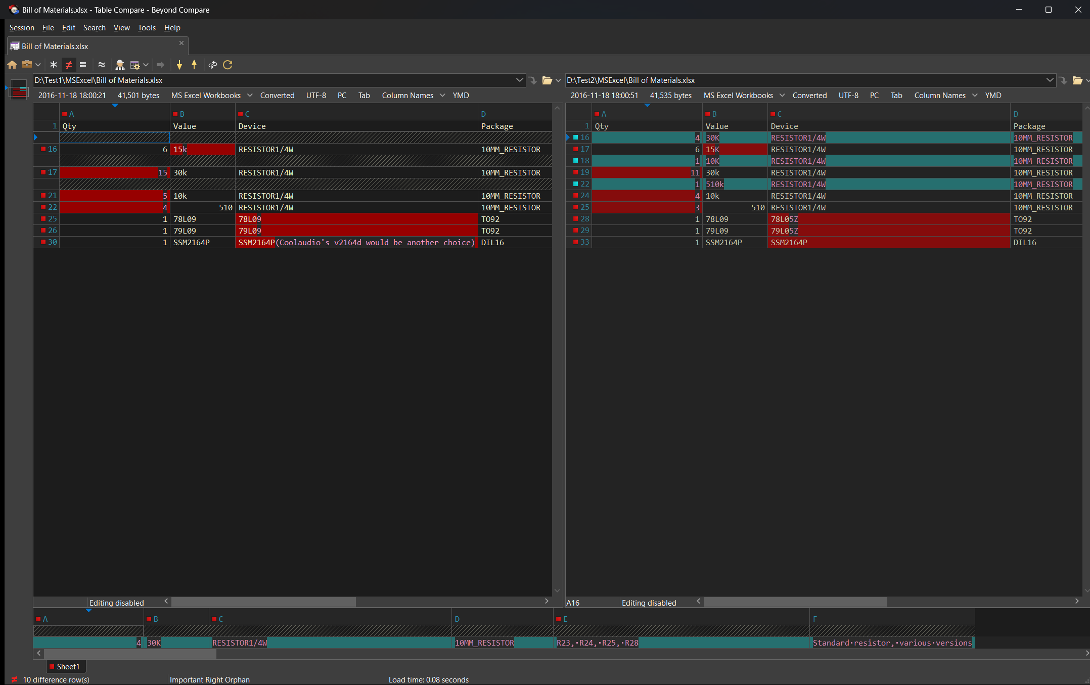 Table Compare - Dark Theme