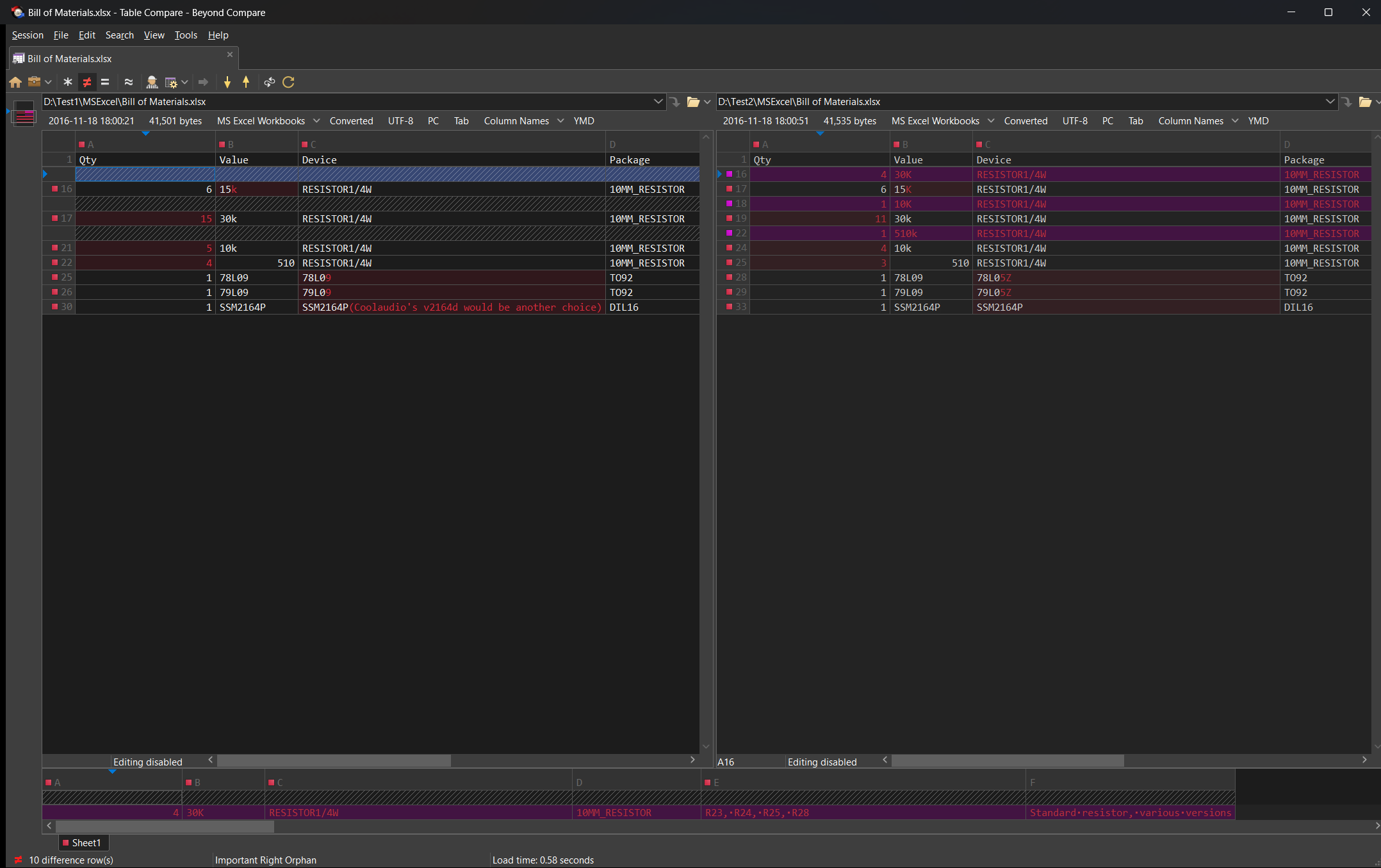 Table Compare - Dark Theme